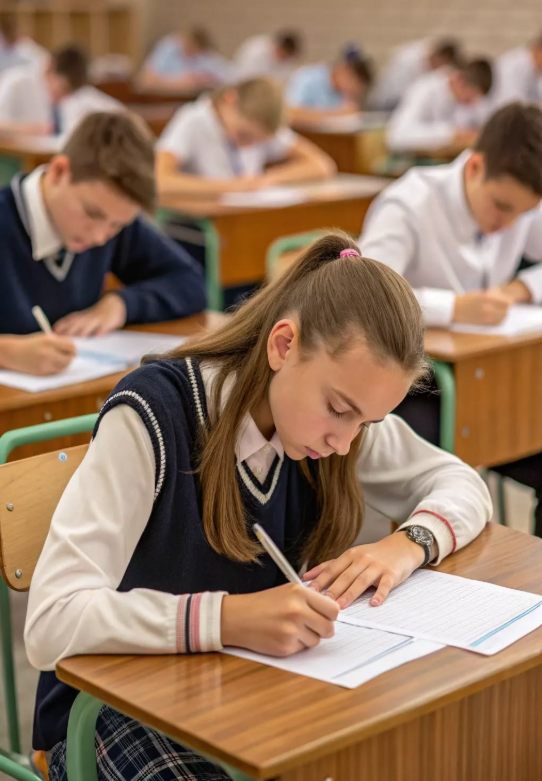 Estudante uniformizada escrevendo uma redação à mão na carteira, em sala de aula
