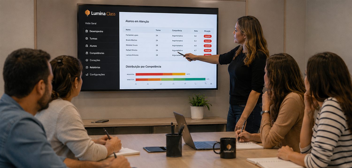 Coordenadora apresentando o painel de alunos em atenção por competência da Lumina Class para a equipe