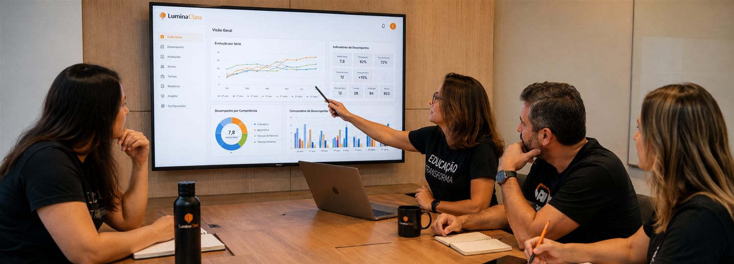 Equipe diretiva de uma escola analisando o painel da Lumina Class numa reunião de resultados